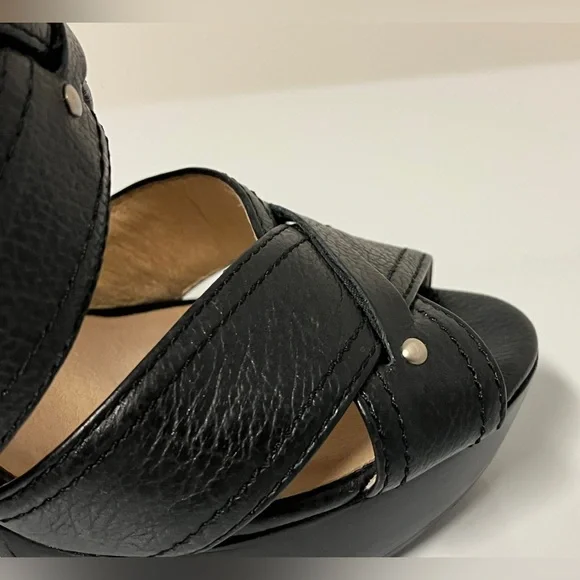 Michael Kors Black Leather Brushed Nickel Studded Buckle Platform Heels 7.5M - Picture 12 of 13